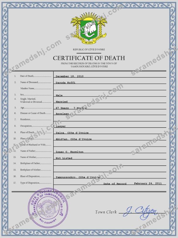 Côte d’Ivoire vital record death certificate PSD template